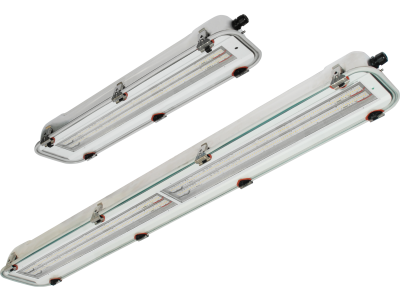 RINO-EX High efficiency ATEX LED light fixtures in stainless steel from 3400lm up to 12350lm, IP66, for zones 1, 2, 21, 22