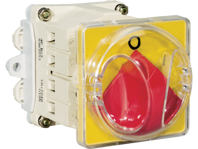 Emergency isolator switches with doorlock and yellow front plate for base mounting IP65