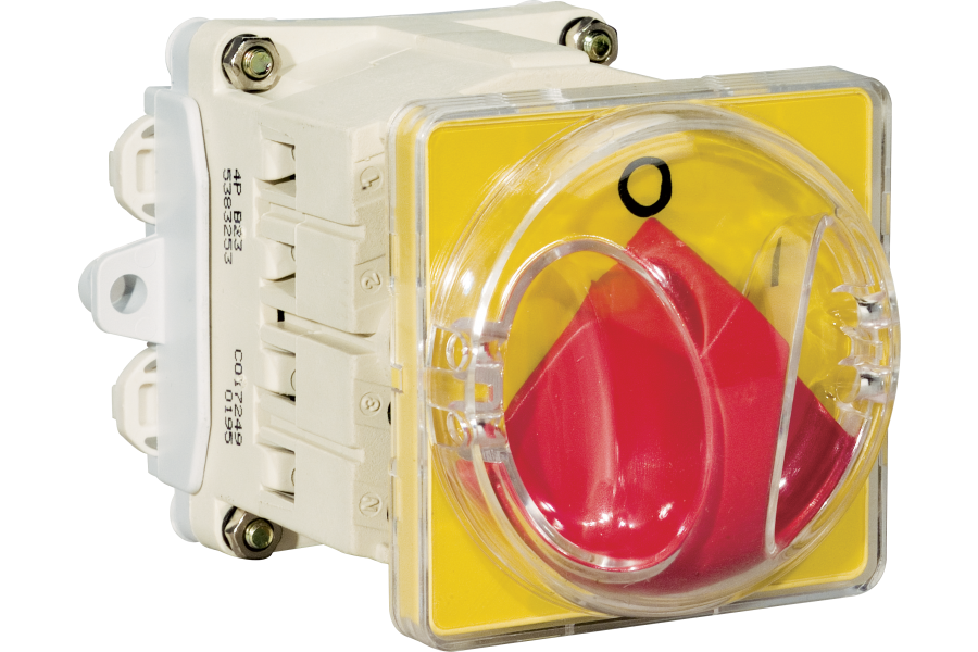 Emergency isolator switches with doorlock and yellow front plate for base mounting IP65