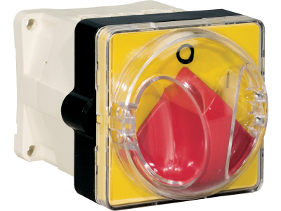 Emergency isolator switches with yellow front plate for back panel-mounting IP65