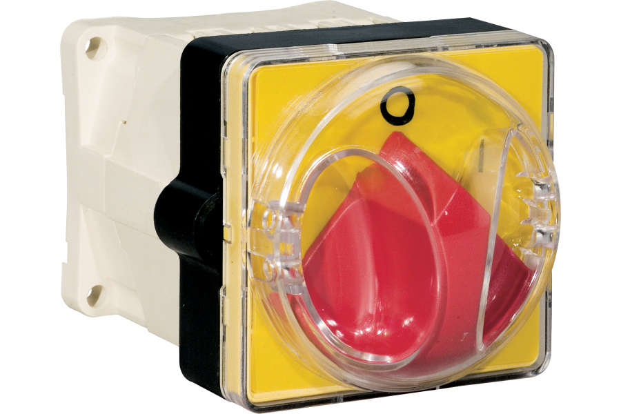 Emergency isolator switches with yellow front plate for back panel-mounting IP65