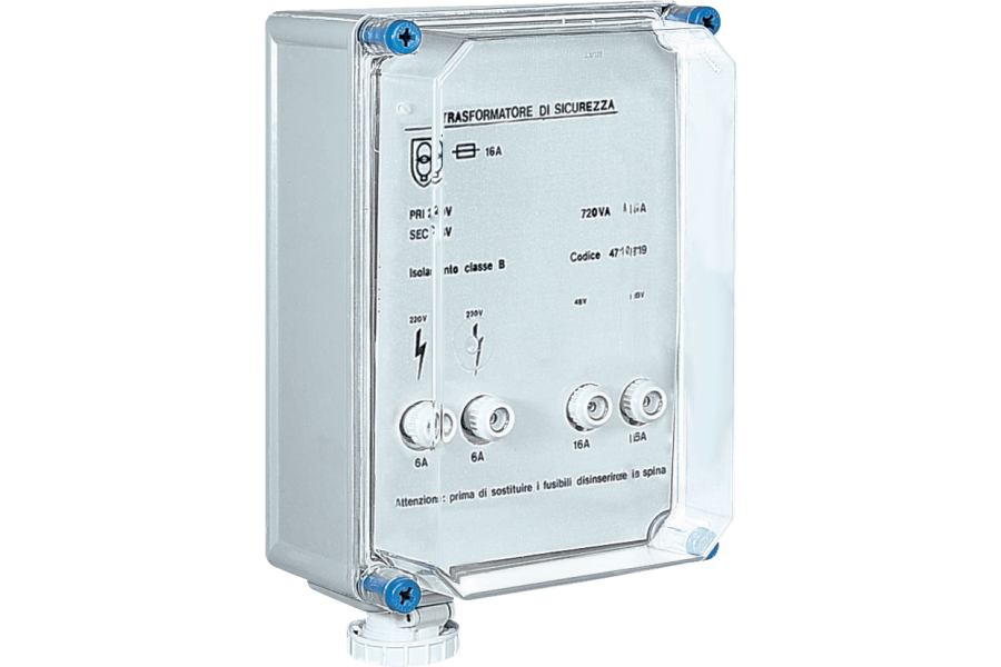 Socket in thermosetting (GRP) with safety transformer (SELV), for wall mounting 50-60Hz IP67