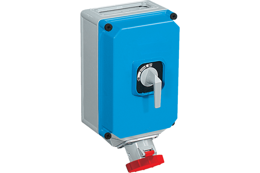 Switched sockets in thermosetting (GRP) withelectrical interlock, MCB and RCD, for wall mounting 50-60Hz IP65