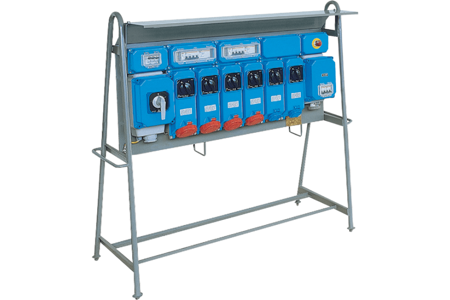 Assemblies for construction sites (ACS) on stand with stainless steel plate with interlocked socket-outlets protected by MCB 50-60Hz IP65