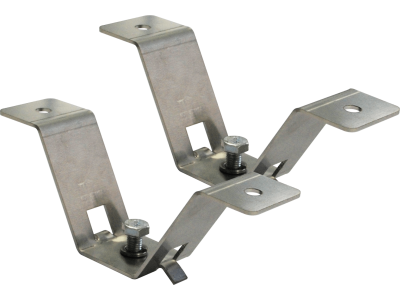Pair of “V” brackets for ceiling mounting of steel lighting fixtures with screw coupling