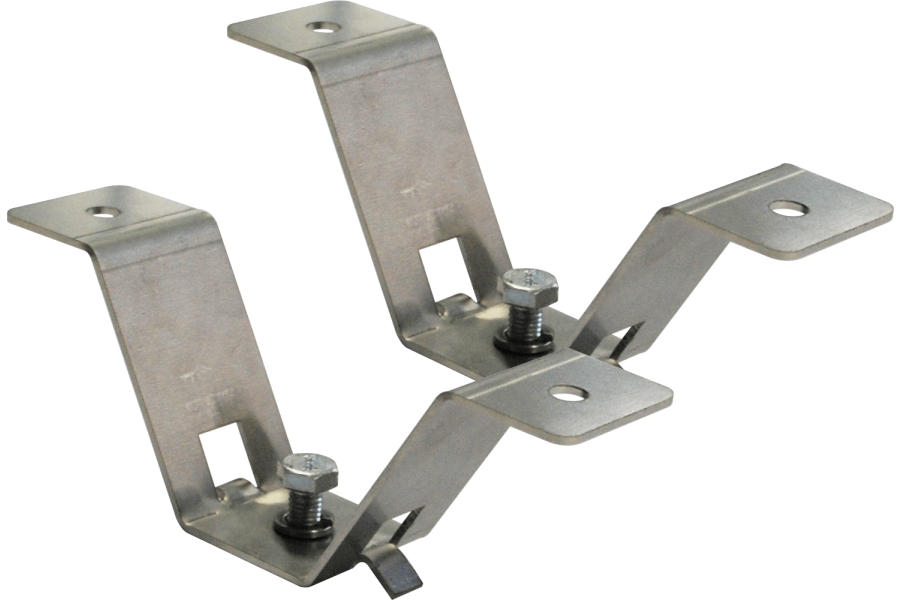 Pair of “V” brackets for ceiling mounting of steel lighting fixtures with screw coupling