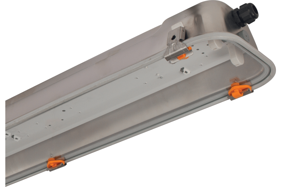Plafoniera acciaio inox-vetro con riflettore bianco lunghezza 690 mm IP66 zona 2 (GAS) e 21-22 (POLVERE)