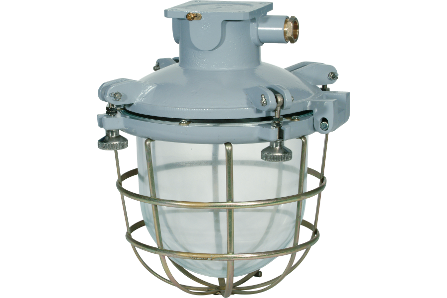 UNAV 2139 large light fixture in marine grey painted brass with steel protective cage with UNAV 1948 cable gland 230V IP66