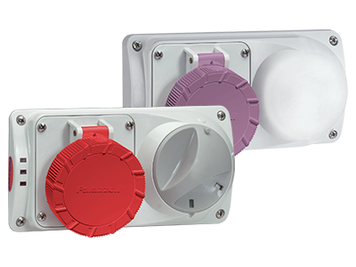PRIMA Compact horizontal interlocked socket-outlets in thermoplastic from 16A to 32A, IP44 and IP55